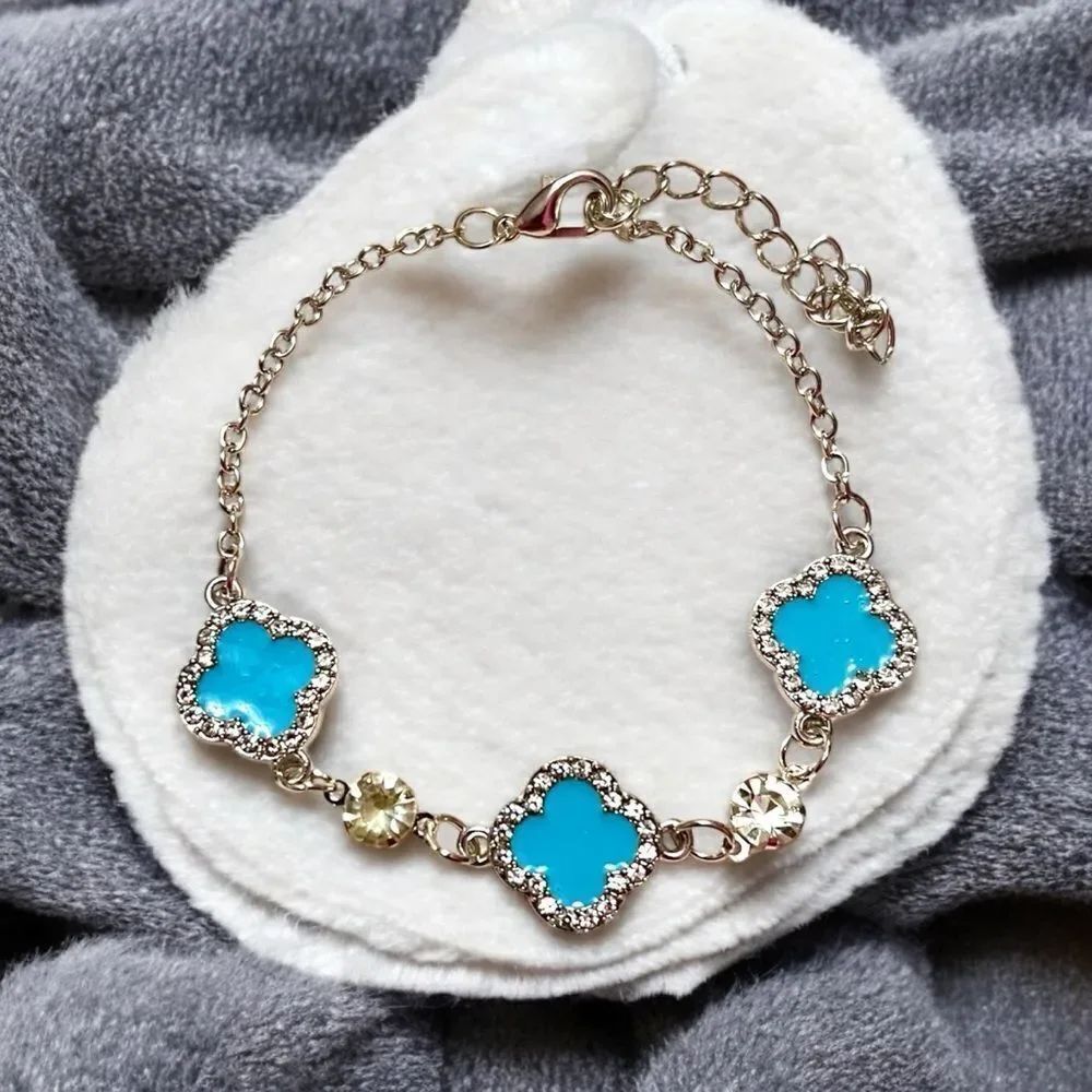 Elegant Blue Clover Rhinestone Silver Tone Bracelet